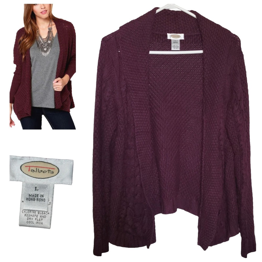 Talbots Chunky‎ Crochet Cardigan Open Knit Plum Purple Oversized L Lagenlook
